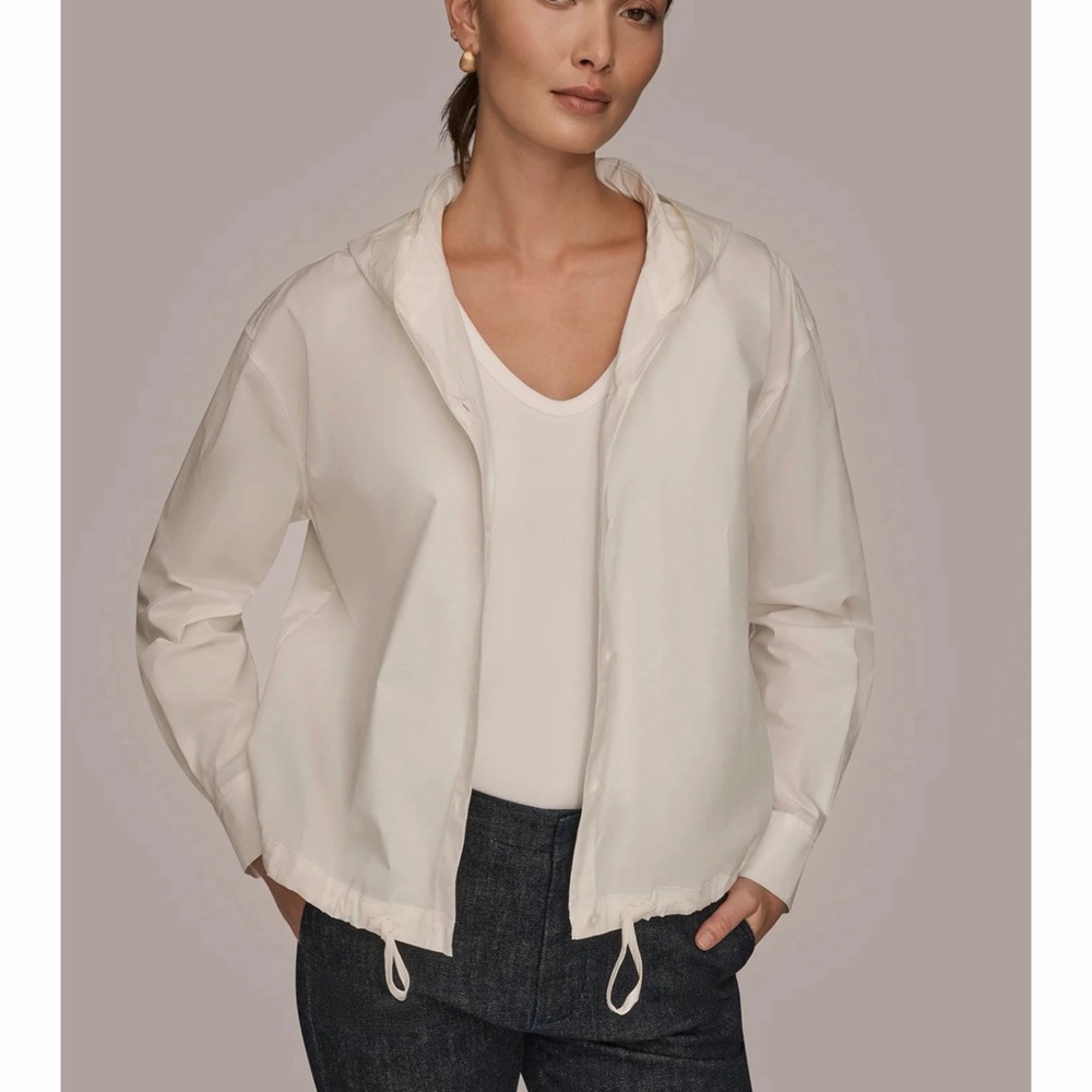 Donna Karan Cream Hooded Button Down Shirt Jacket with Drawstring Hem
